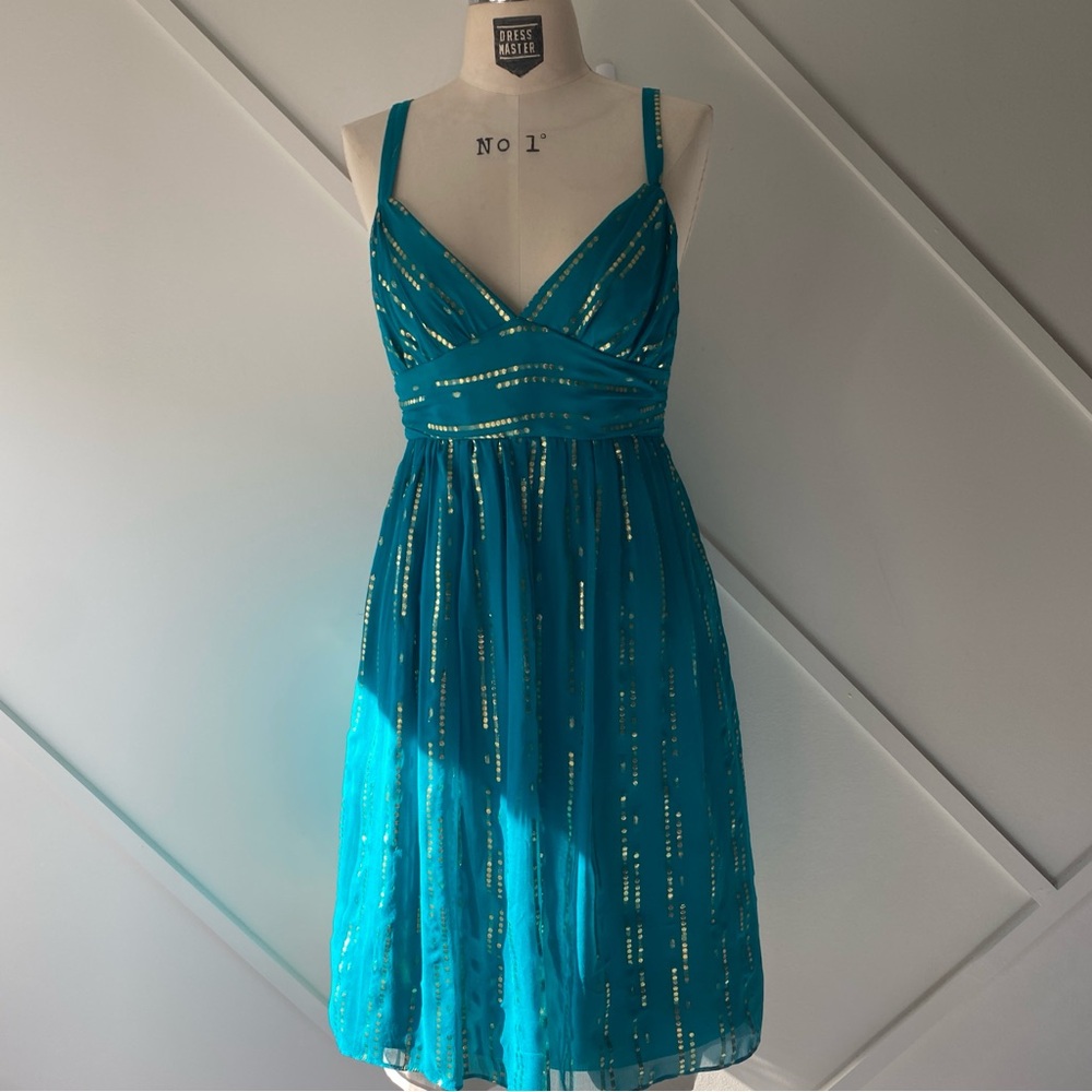 Milly New York Teal and Gold Silk Sleeveless Party Dress - 4